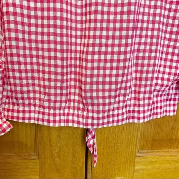 Jones New York Pink Baby Gingham V-Neck Button Up Tie Front Shirt Blouse Medium - Picture 4 of 6